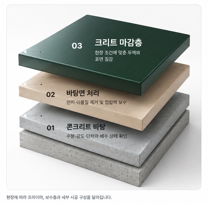 크리트 마감층, 바탕면 처리, 콘크리트 바탕으로 이어지는 크리트 산업바닥 시공 구조